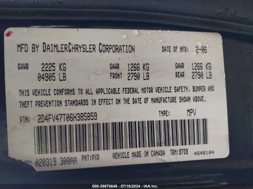 2006 Dodge Magnum Se VIN: 2D4FV47T06H385859 Lot: 39870649