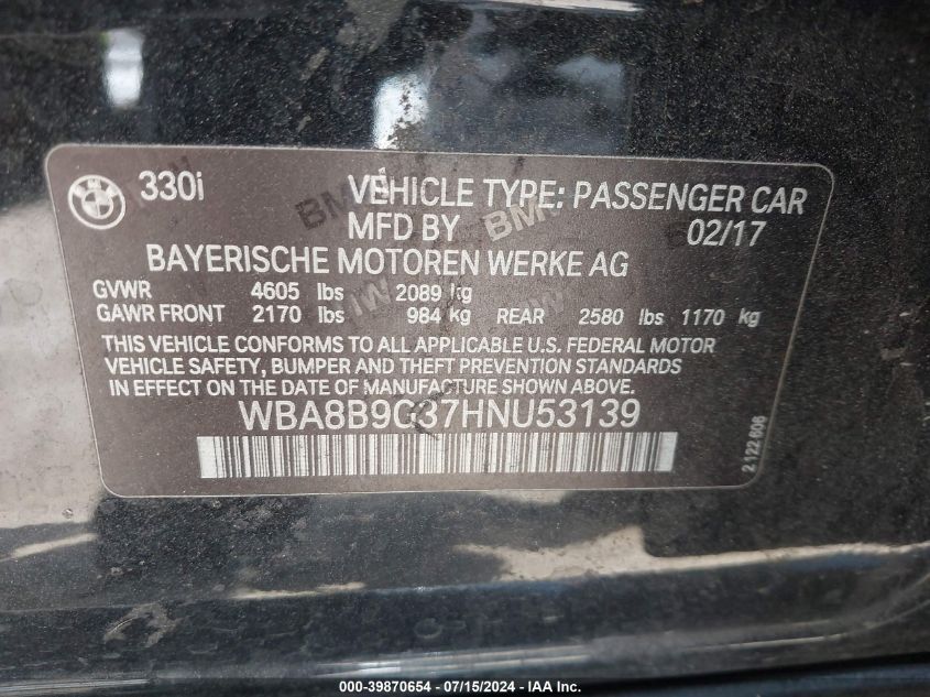 2017 BMW 330I VIN: WBA8B9G37HNU53139 Lot: 39870654