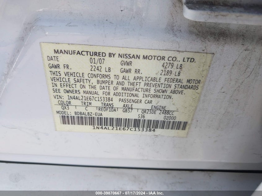 2007 Nissan Altima 2.5/2.5S VIN: 1N4AL21E67C153384 Lot: 39870667