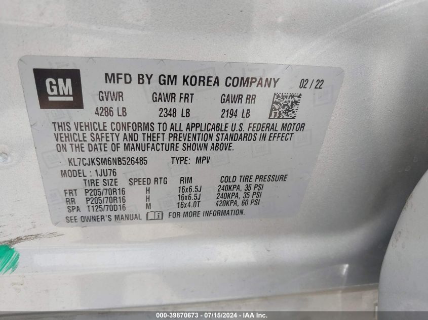 2022 Chevrolet Trax Fwd Ls VIN: KL7CJKSM6NB526485 Lot: 39870673