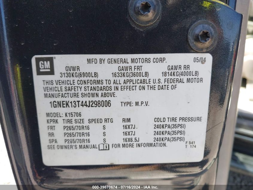 2004 Chevrolet Tahoe Lt VIN: 1GNEK13T44J298006 Lot: 39870674