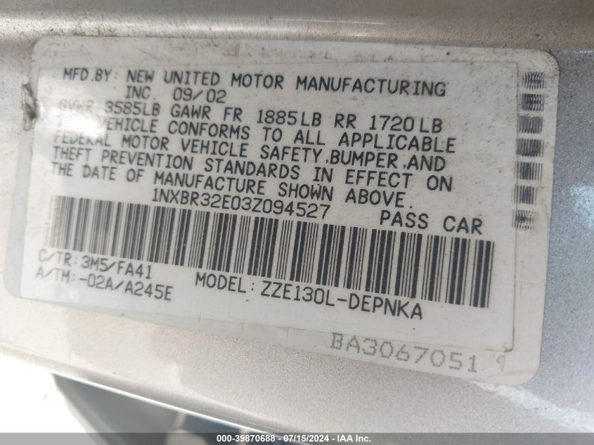 2003 Toyota Corolla Le VIN: 1NXBR32E03Z094527 Lot: 39870688