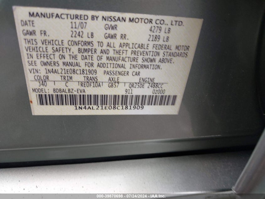2008 Nissan Altima 2.5 S VIN: 1N4AL21E08C181909 Lot: 39870698
