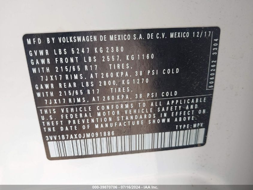 2018 Volkswagen Tiguan S VIN: 3VV1B7AX0JM091886 Lot: 39870706