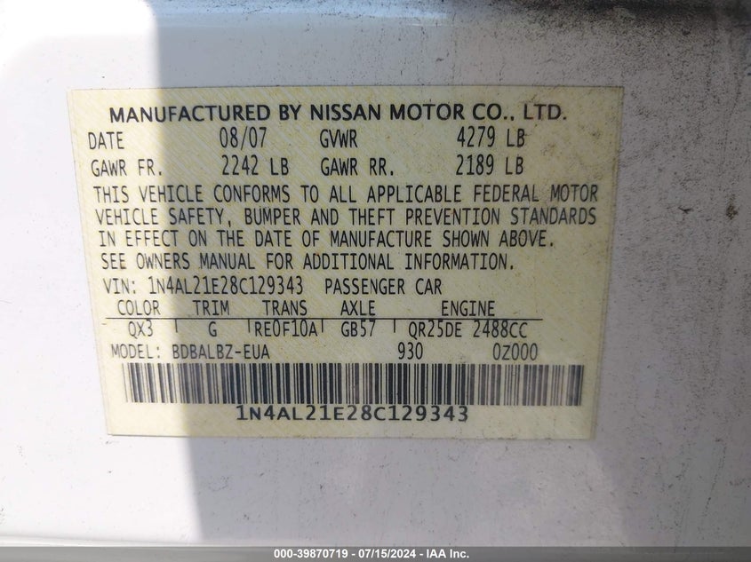 2008 Nissan Altima 2.5 S VIN: 1N4AL21E28C129343 Lot: 39870719
