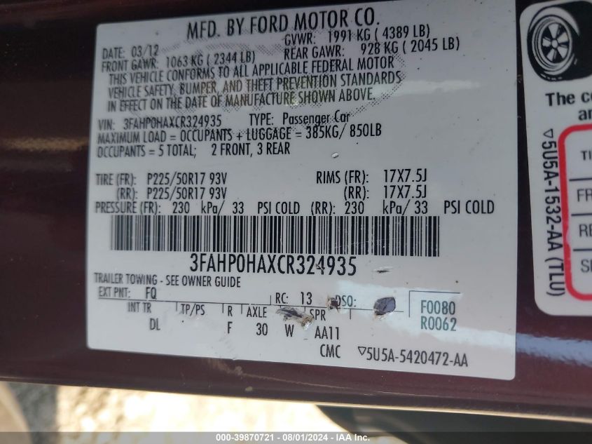 2012 Ford Fusion Se VIN: 3FAHP0HAXCR324935 Lot: 39870721