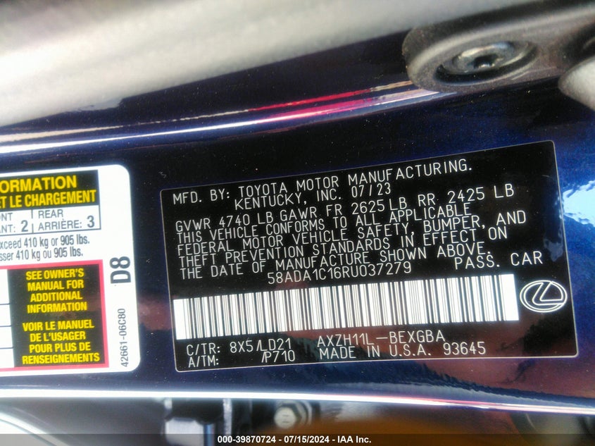 2024 Lexus Es 300H VIN: 58ADA1C16RU037279 Lot: 39870724