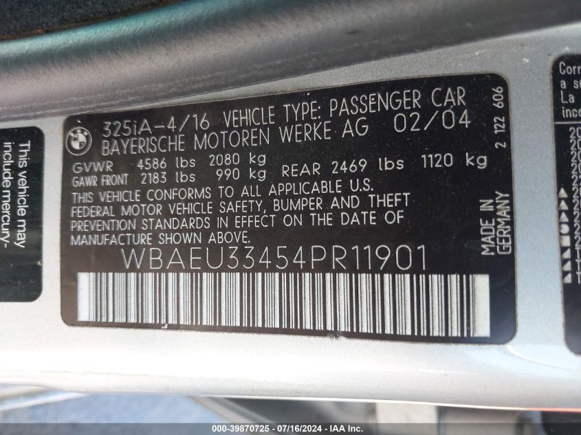 2004 BMW 325Xi VIN: WBAEU33454PR11901 Lot: 39870725