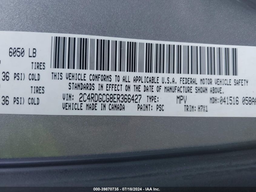 2014 Dodge Grand Caravan Sxt VIN: 2C4RDGCG8ER366427 Lot: 39870735