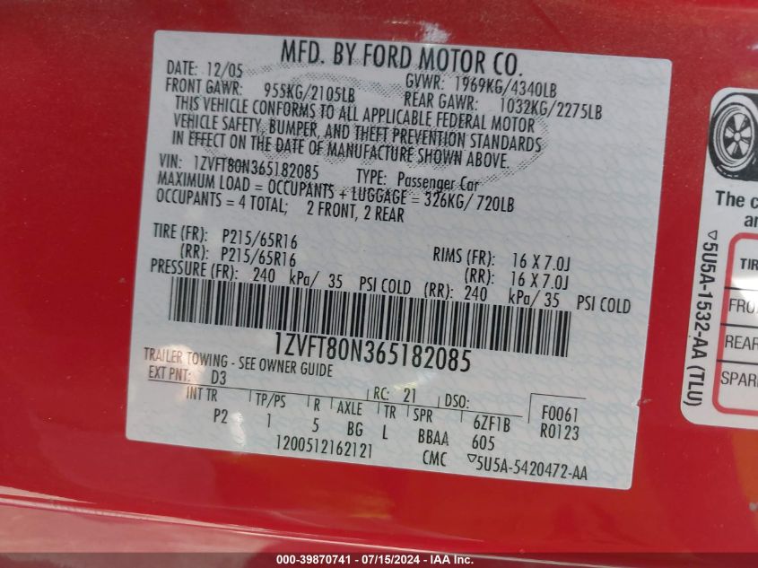 2006 Ford Mustang V6 VIN: 1ZVFT80N365182085 Lot: 39870741