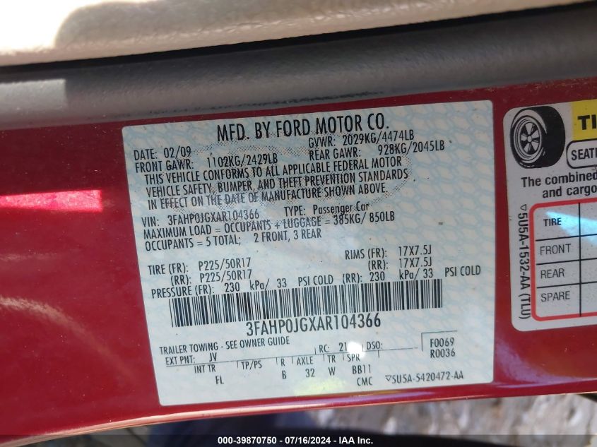 2010 Ford Fusion Sel VIN: 3FAHP0JGXAR104366 Lot: 39870750