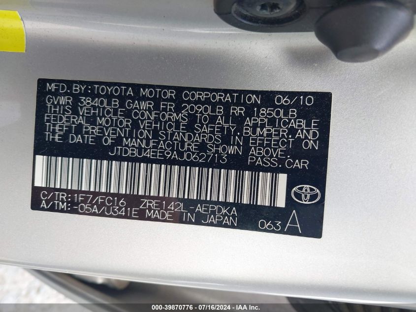 2010 Toyota Corolla S/Le/Xle VIN: JTDBU4EE9AJ062713 Lot: 39870776