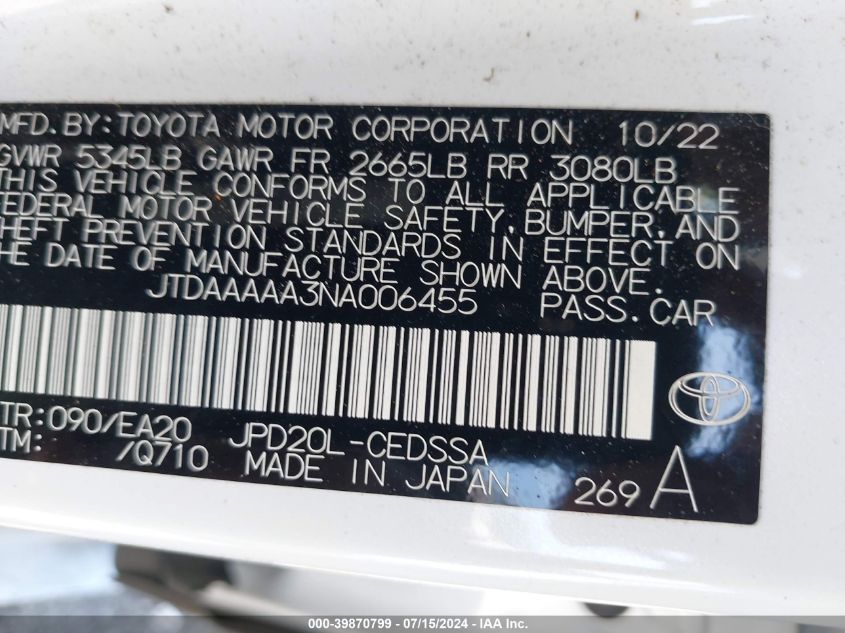 2022 Toyota Mirai Xle VIN: JTDAAAAA3NA006455 Lot: 39870799