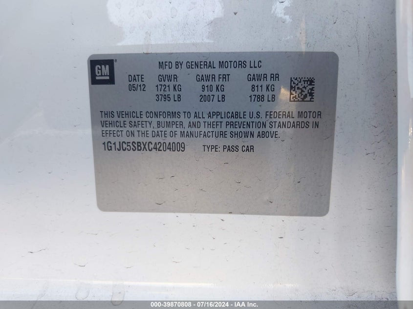 2012 Chevrolet Sonic Lt VIN: 1G1JC5SBXC4204009 Lot: 39870808