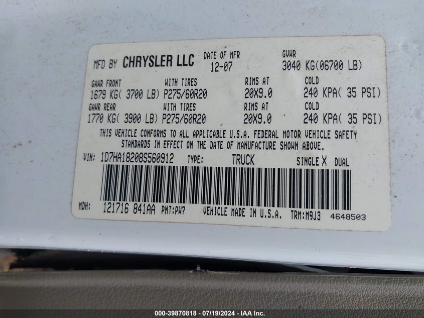 2008 Dodge Ram 1500 Slt VIN: 1D7HA18208S560912 Lot: 39870818