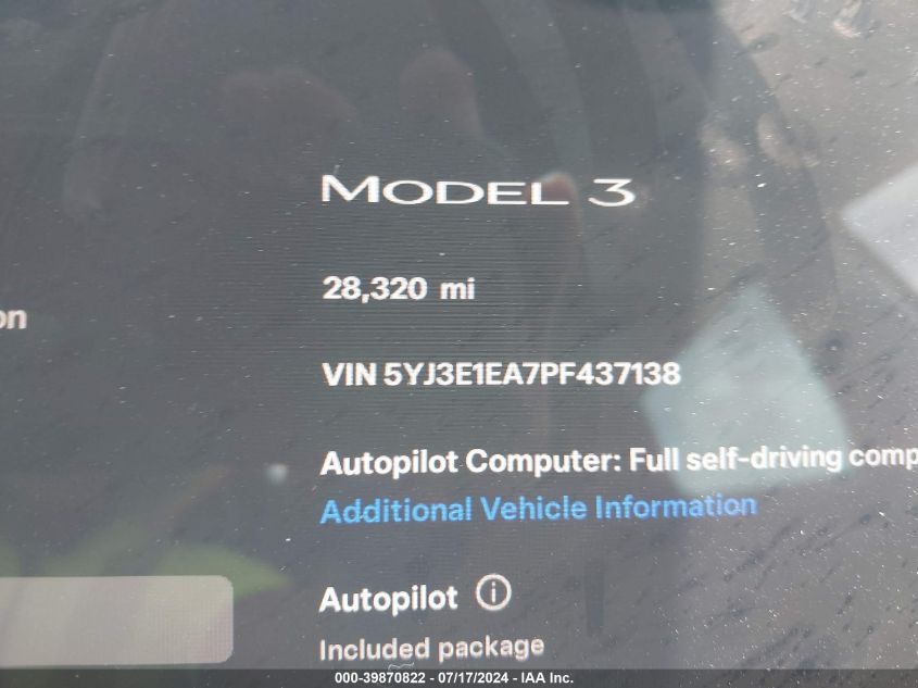 2023 Tesla Model 3 Rear-Wheel Drive VIN: 5YJ3E1EA7PF437138 Lot: 39870822