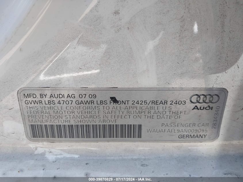 2010 Audi A4 2.0T Premium VIN: WAUAFAFL9AN009095 Lot: 39870829