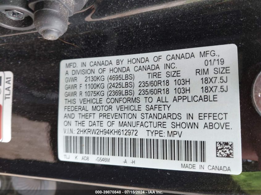 2019 Honda Cr-V Touring VIN: 2HKRW2H94KH612972 Lot: 39870848