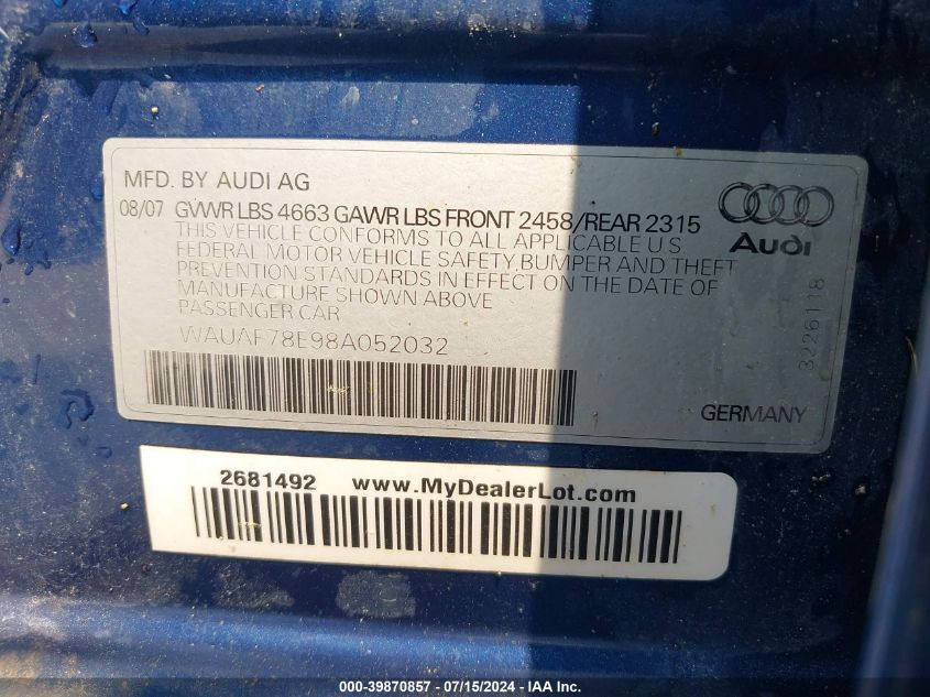 2008 Audi A4 2.0T VIN: WAUAF78E98A052032 Lot: 39870857