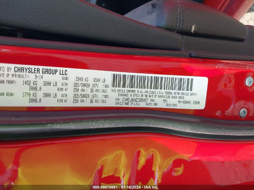 2014 Dodge Durango Sxt VIN: 1C4RDJAGXEC595457 Lot: 39870861