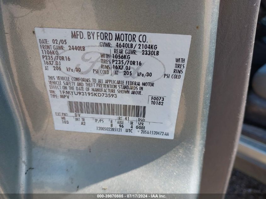 2005 Ford Escape Xlt VIN: 1FMYU93195KD73593 Lot: 39870885