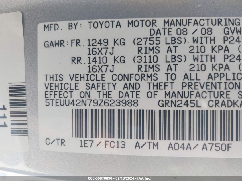 2009 Toyota Tacoma Base V6 VIN: 5TEUU42N79Z623988 Lot: 39870890