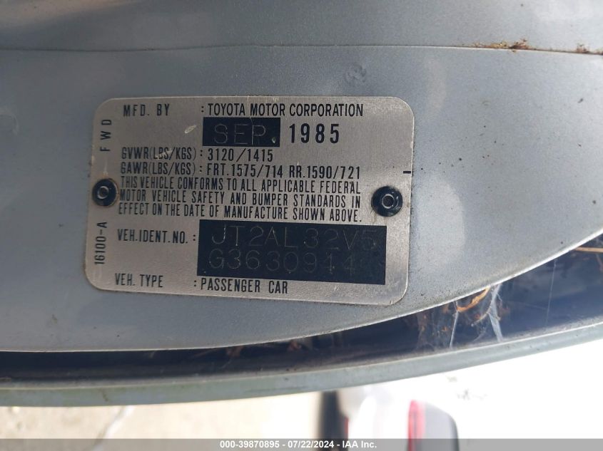 1986 Toyota Tercel Deluxe VIN: JT2AL32V5G3630944 Lot: 39870895