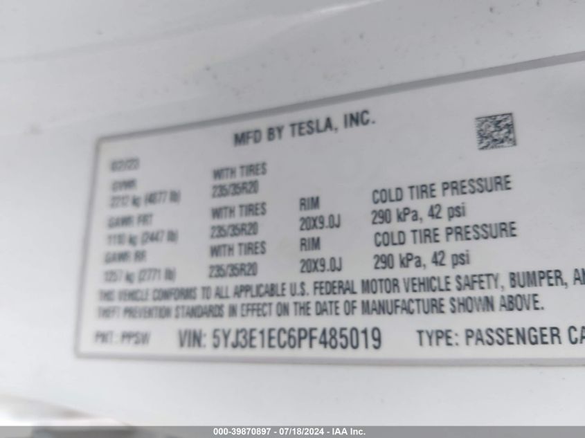 5YJ3E1EC6PF485019 2023 Tesla Model 3