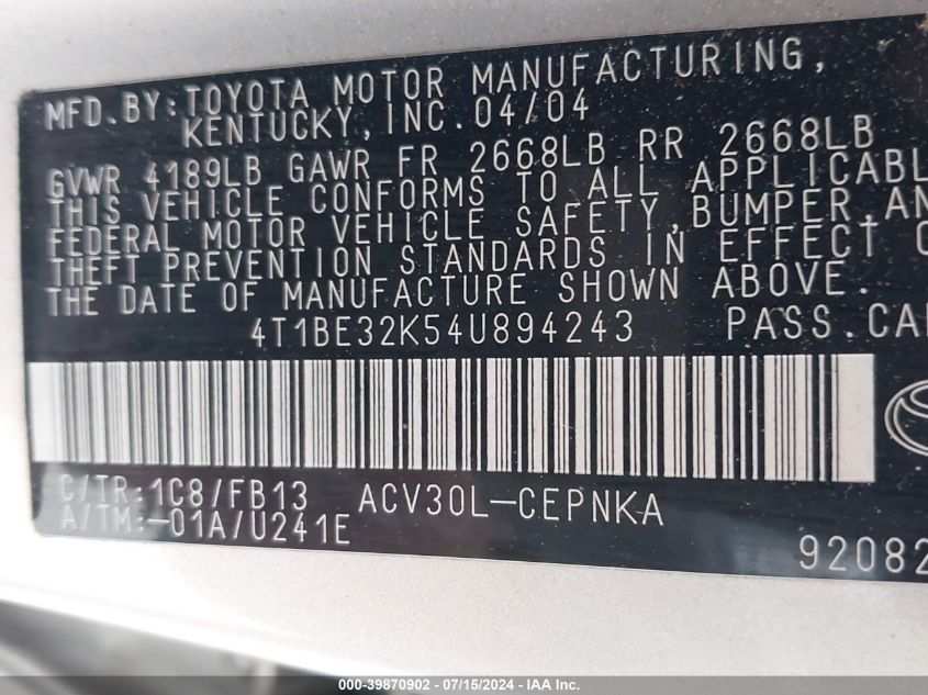 2004 Toyota Camry Le VIN: 4T1BE32K54U894243 Lot: 39870902