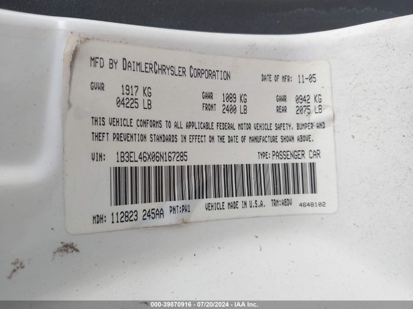 2006 Dodge Stratus Sxt VIN: 1B3EL46X06N167285 Lot: 39870916