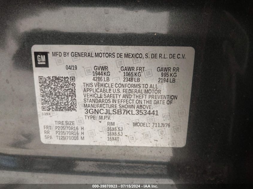 2019 Chevrolet Trax Lt VIN: 3GNCJLSB7KL353441 Lot: 39870923