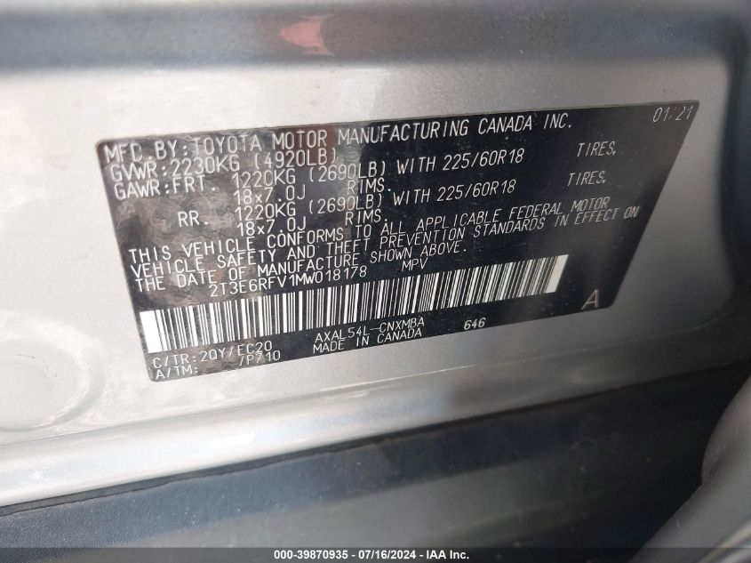 2021 Toyota Rav4 Xse VIN: 2T3E6RFV1MW018178 Lot: 39870935