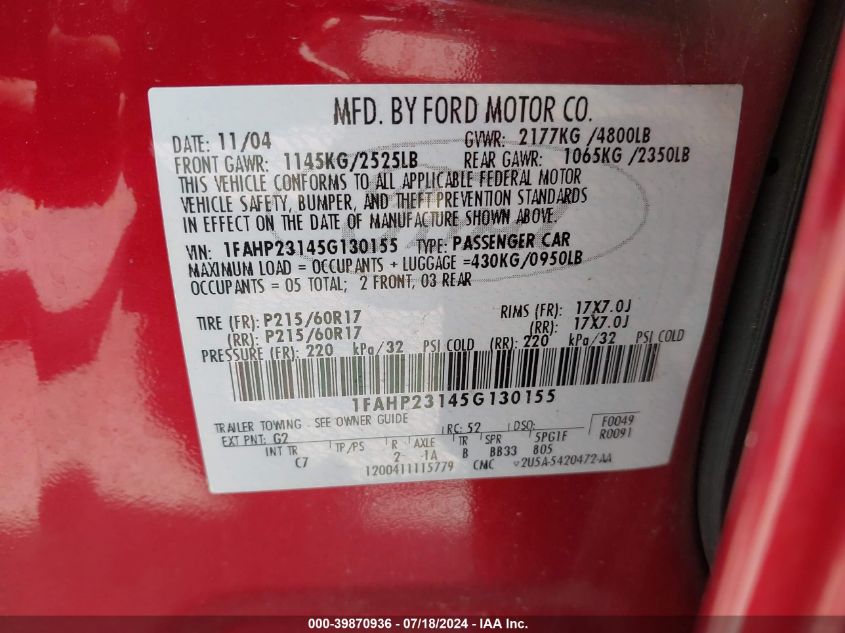 2005 Ford Five Hundred Se VIN: 1FAHP23145G130155 Lot: 39870936