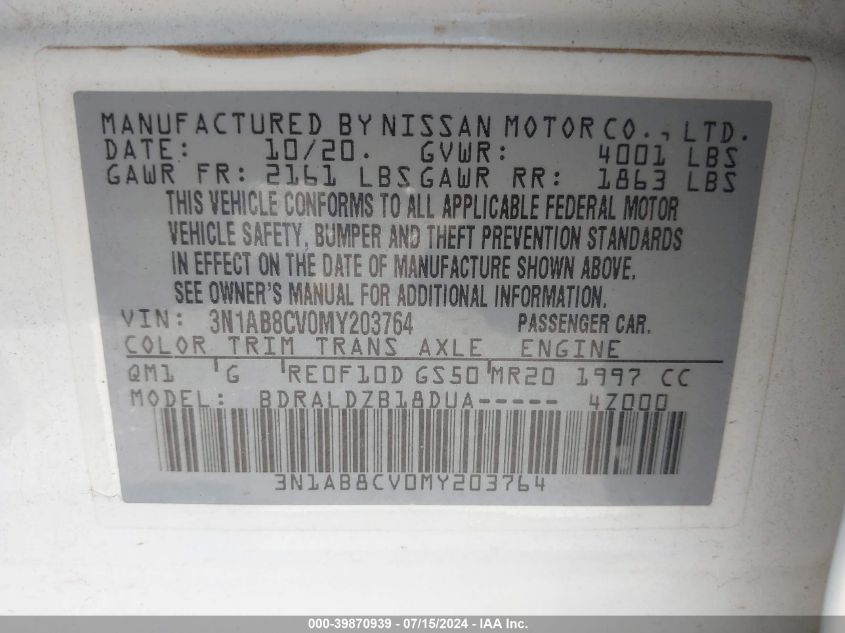 2021 Nissan Sentra Sv Xtronic Cvt VIN: 3N1AB8CV0MY203764 Lot: 39870939