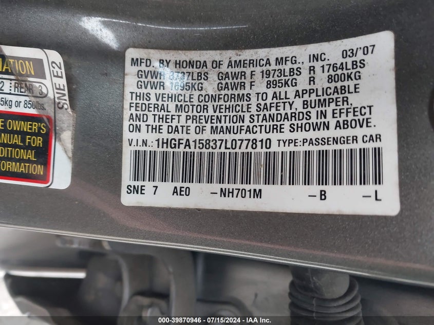 2007 Honda Civic Ex VIN: 1HGFA15837L077810 Lot: 39870946