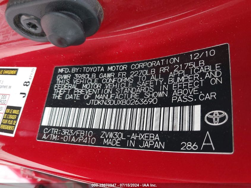 2011 Toyota Prius Two VIN: JTDKN3DUXB0263690 Lot: 39870947