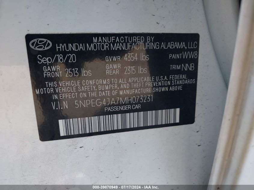 2021 Hyundai Sonata Se VIN: 5NPEG4JA7MH073231 Lot: 39870949