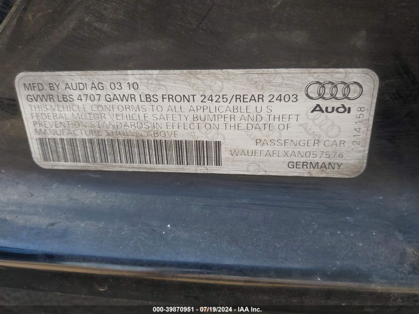 2010 Audi A4 2.0T Premium VIN: WAUEFAFLXAN057576 Lot: 39870951
