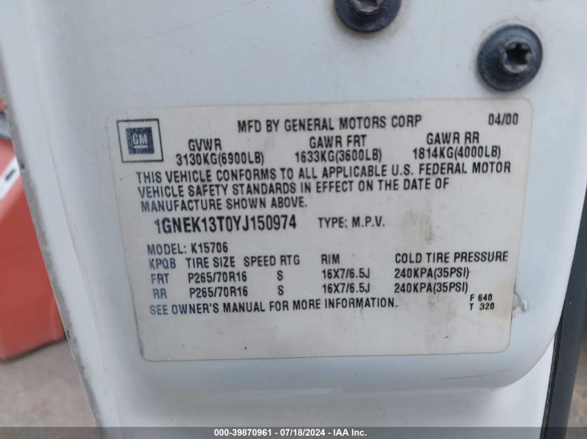 2000 Chevrolet Tahoe All New Ls VIN: 1GNEK13T0YJ150974 Lot: 39870961