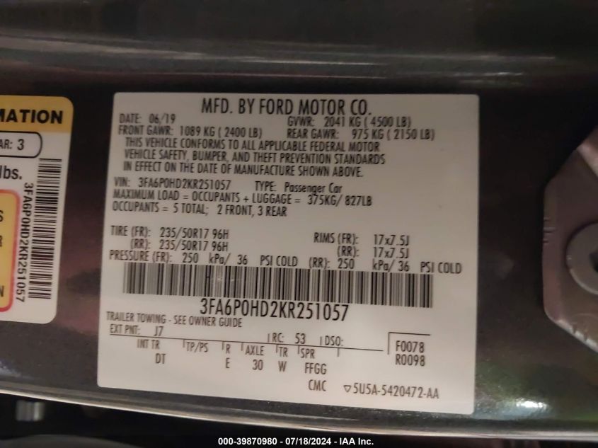 2019 Ford Fusion Se VIN: 3FA6P0HD2KR251057 Lot: 39870980