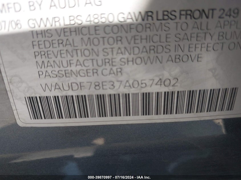 2007 Audi A4 2.0T VIN: WAUDF78E37A057402 Lot: 39870997