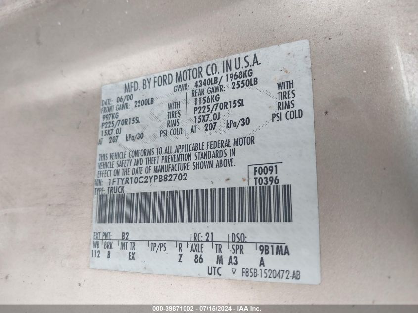 2000 Ford Ranger Xl/Xlt VIN: 1FTYR10C2YPB82702 Lot: 39871002