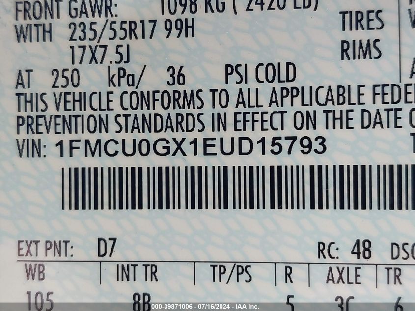 2014 Ford Escape Se VIN: 1FMCU0GX1EUD15793 Lot: 39871006