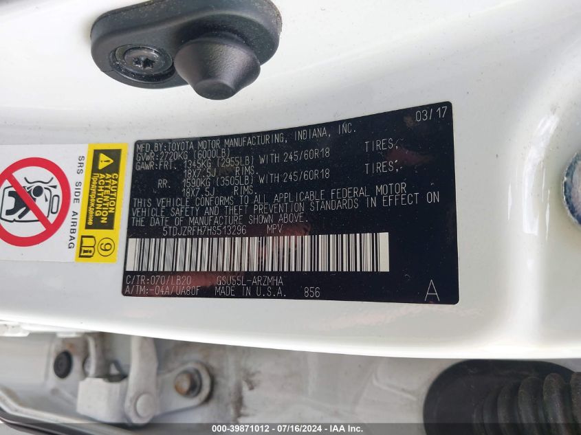 2017 Toyota Highlander Se/Xle VIN: 5TDJZRFH7HS513296 Lot: 39871012