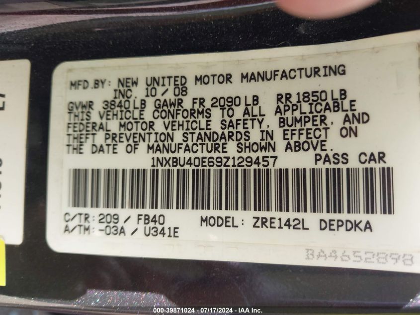 2009 Toyota Corolla Le VIN: 1NXBU40E69Z129457 Lot: 39871024