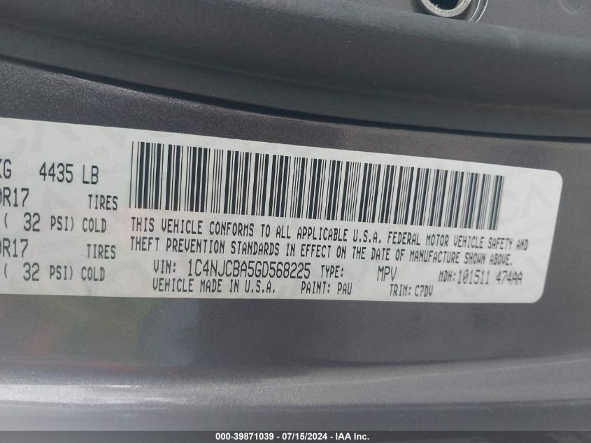 2016 Jeep Compass Sport VIN: 1C4NJCBA5GD568225 Lot: 39871039