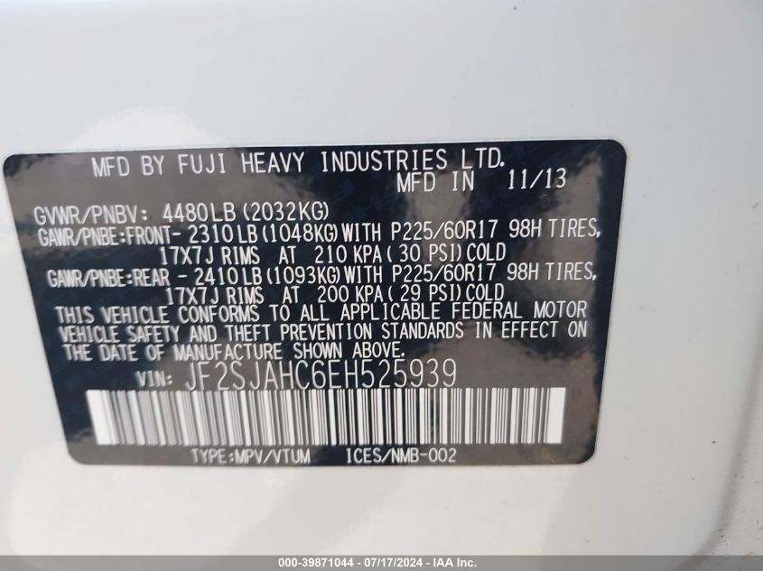 2014 Subaru Forester 2.5I Limited VIN: JF2SJAHC6EH525939 Lot: 39871044