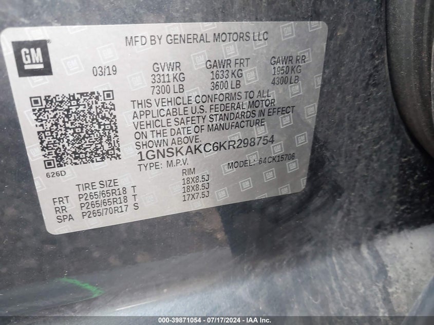 2019 CHEVROLET TAHOE LS - 1GNSKAKC6KR298754