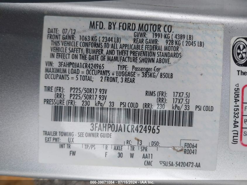 2012 Ford Fusion Sel VIN: 3FAHP0JA1CR424965 Lot: 39871084