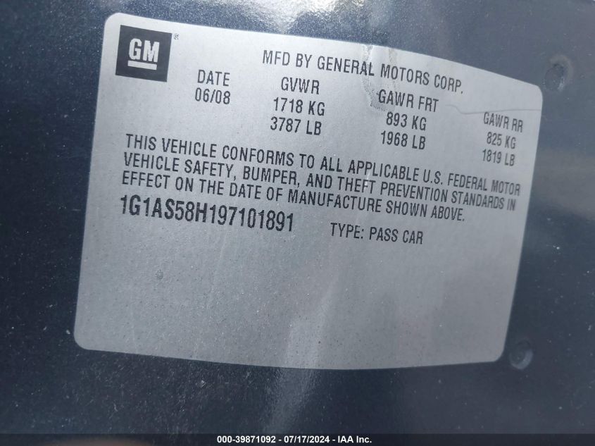 2009 Chevrolet Cobalt Ls VIN: 1G1AS58H197101891 Lot: 39871092